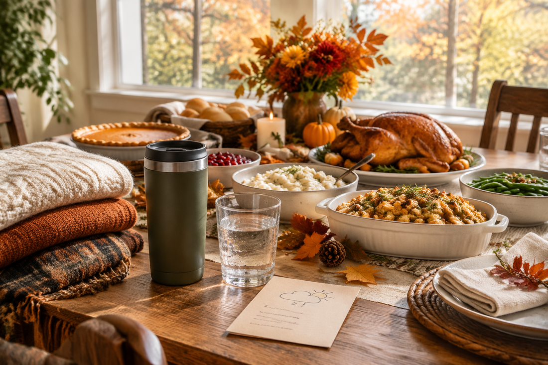 Editorial wellness photograph of a cozy Thanksgiving table with layered clothing, a travel mug, water and covered dishes near a window