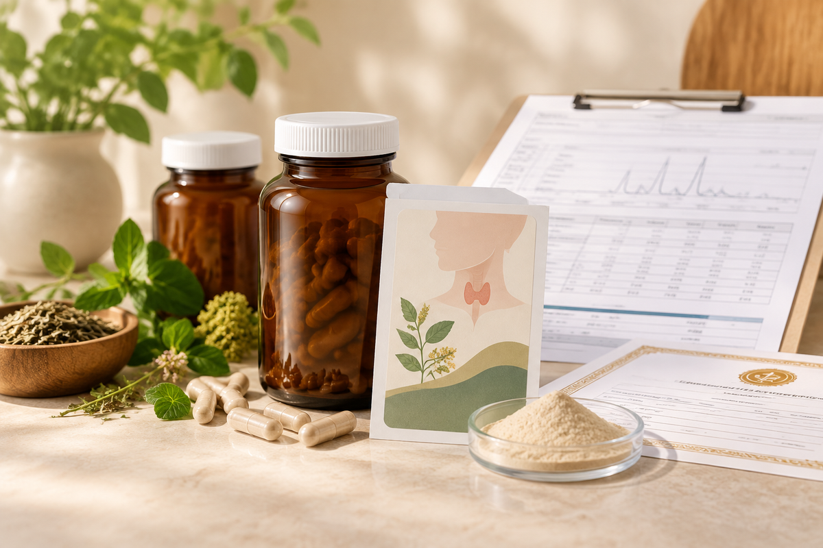 Thyroid support supplement sample bottles with formula brief, COA documents and label proof