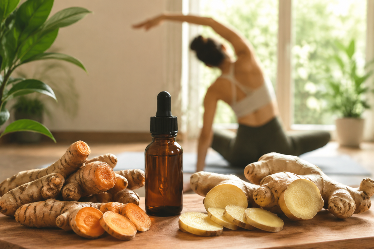 Turmeric and ginger roots beside a liquid supplement and an active morning routine