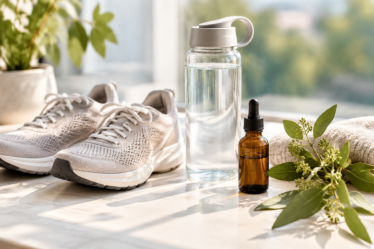 Lymphatic wellness routine with liquid drops, walking shoes and a water bottle