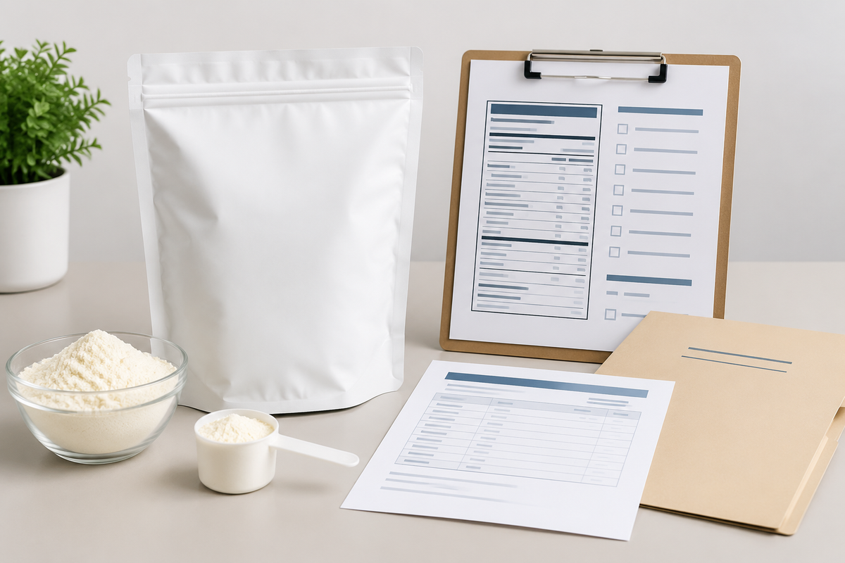 Wholesale goat milk powder sample with nutrition panel, allergen review and packaging documents