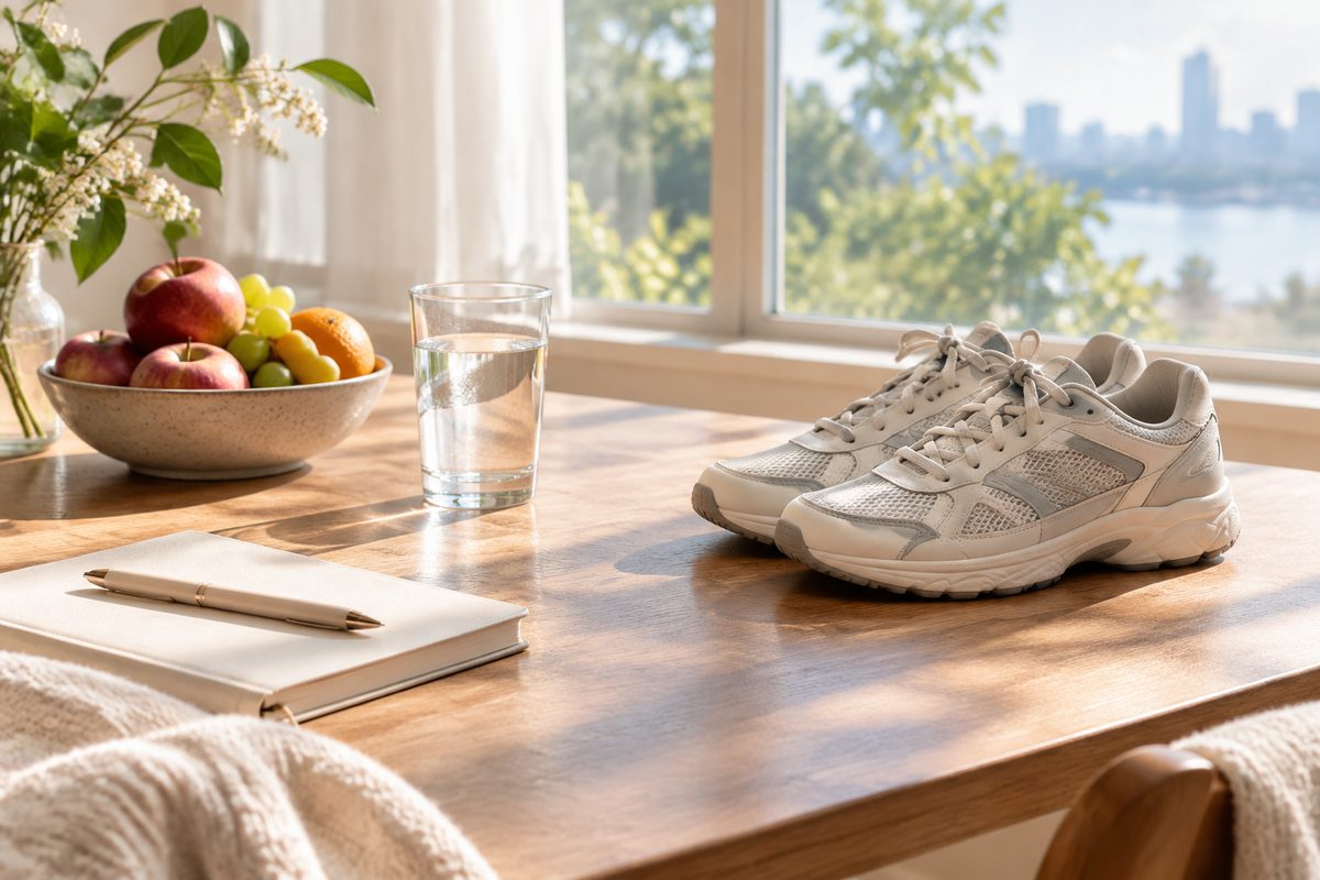 Editorial wellness photograph of a calm morning table with a notebook, water, fruit and walking shoes by a window