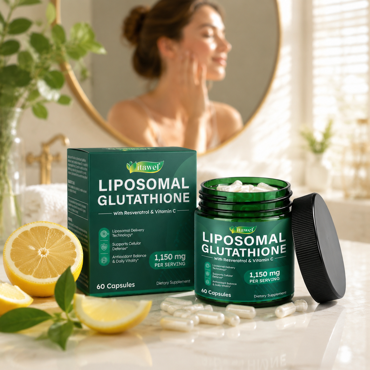 Itawel lifestyle scene - Liposomal glutathione capsules