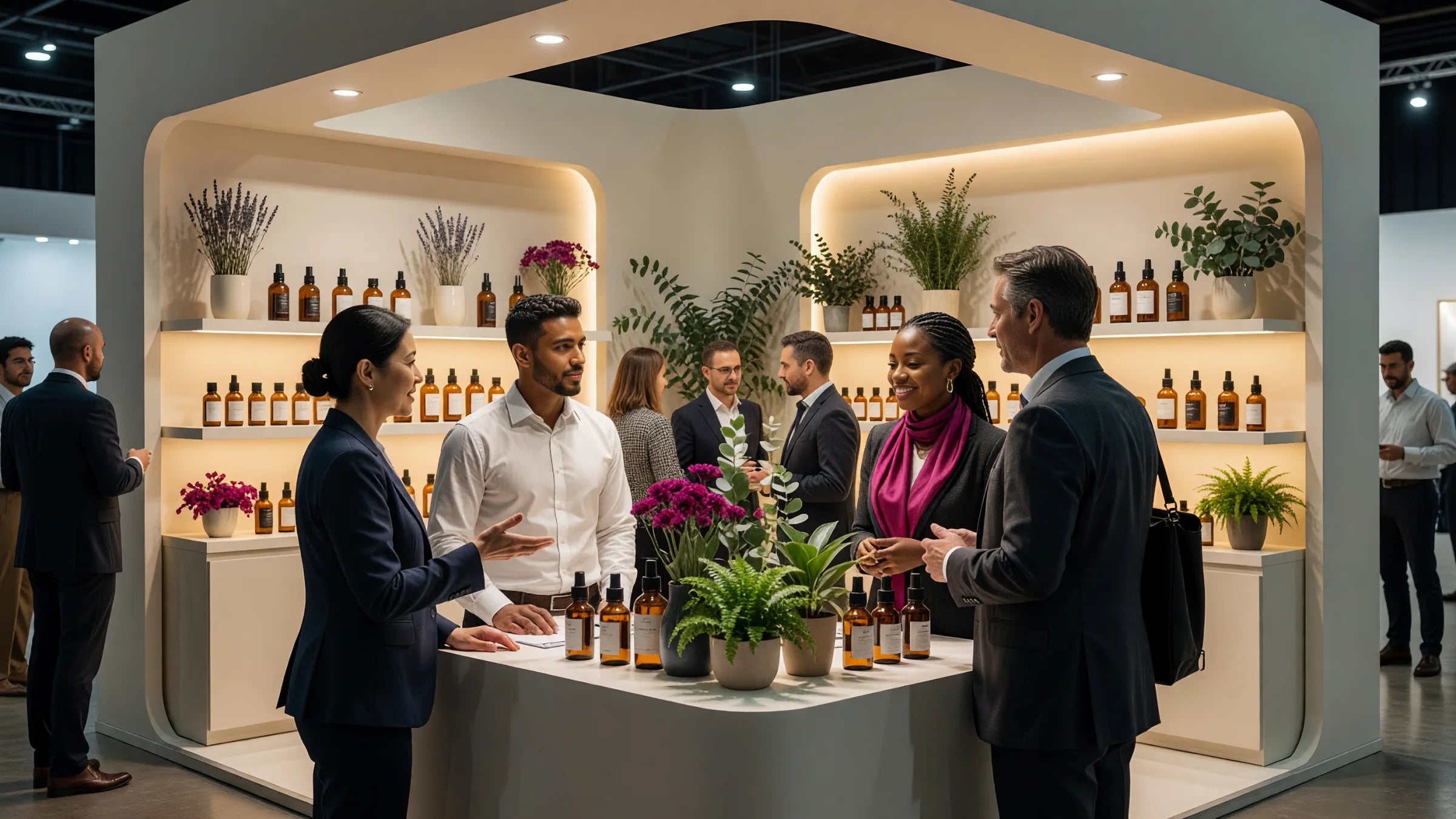 Illustrative scene of international wellness partners meeting at an exhibition