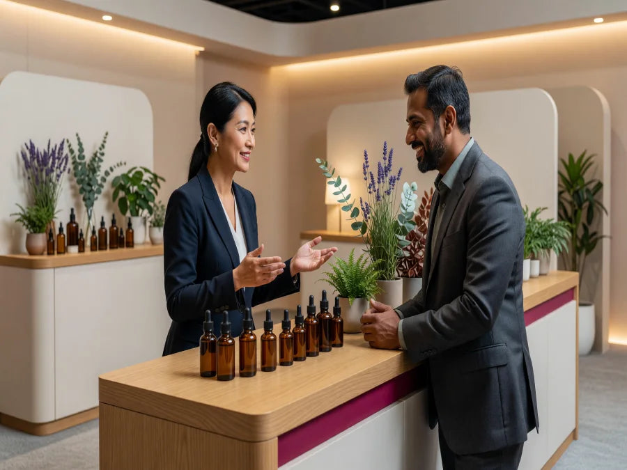 Illustrative scene of a distributor conversation at a wellness exhibition