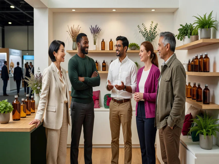 Illustrative scene of international wellness partners meeting at an exhibition